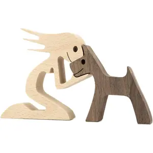 木製の犬猫家族の像手作りの木製の装飾、かわいい子犬のキティと人々の彫刻の装飾収集可能な置物