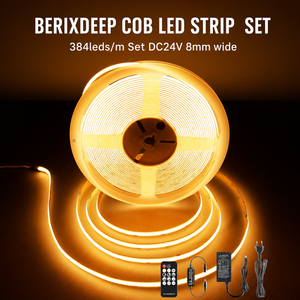 Bande LED COB 24V 384 LED/m, 8mm, avec télécommande et alimentation, 10m, sans points, dimmable, découpable pour la décoration - Product Image 1