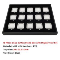 Boîte à boutons-pression carrée blanche 15 emplacements avec plateau de présentation en MDF noir et organiseur de pierres précieuses en cuir PU pour salon de gemmologie