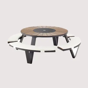 Groothandel Moderne Outdoor Tuin Set Metalen Gietijzeren Luxe Hotel Gebruikt Urban Ronde Houten Tafel Terrasmeubilair