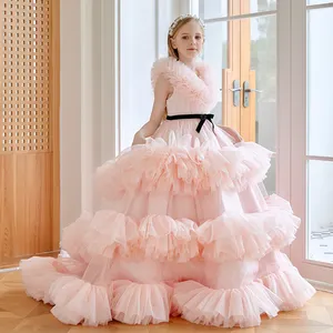 Deluxe Custom Pink Girls Deluxe Ball Dress Princess Tulle Pleated Foam Cake Dress Children's Stage Flower Girl Evening Dress