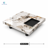 Table basse carrée Luca en pierre frittée, aspect marbre |   Meuble de salon, hôtel, villa sur mesure, blanc brillant à motifs, avec pieds noirs intégrés