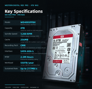 Disque dur interne NAS <span class=keywords><strong>WD</strong></span> <span class=keywords><strong>Red</strong></span> <span class=keywords><strong>Pro</strong></span> WD4005EFPX 4 To 7200 tr/min SATA 6 Gbit/s 256 Mo 3,5 pouces - Product Image 1