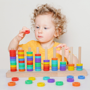 Kids Wooden Color Matching Ring Stacking Game with Spare Pegs, 70PCS <strong>Rainbow</strong> Rings Preschool Early Cognition Training Toy - Product Image 4