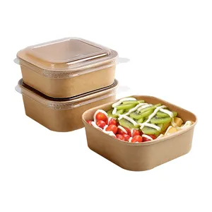Scatola per alimenti Kraft quadrata con stampa personalizzata con coperchio in PET per l'imballaggio del pranzo di insalata da asporto