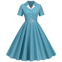 Robe trapèze vintage pour femme, imprimé pois, style années 50, col contrastant, manches courtes, motif écossais, longueur midi, robe de soirée rétro, collection 2026