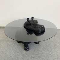 Table basse moderne en FRP noir, sculpture d'hippopotame en fibre de verre, base ronde, plateau en verre trempé, table de salon