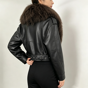 <span class=keywords><strong>Veste</strong></span> en cuir courte pour femmes, très tendance, avec col en fourrure de Mongolie véritable, <span class=keywords><strong>grande</strong></span> <span class=keywords><strong>taille</strong></span>, manteau de printemps et d'automne, vêtement d'extérieur en fourrure pour femmes - Product Image 4