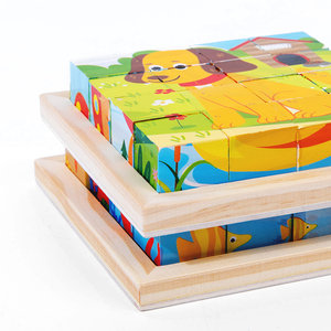 Puzzle en <span class=keywords><strong>bois</strong></span> à 6 faces Montessori, animaux, dinosaures, véhicules, jeu de correspondance de motifs, 9 blocs, puzzle éducatif pour tout-petits, jeu de réflexion - Product Image 4
