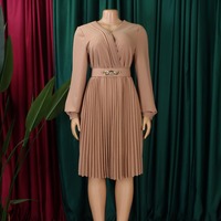 Robe plissée élégante pour femme D497, col en V, manches longues, ceinture, longueur midi, mode africaine, robe de carrière unie coupe trapèze