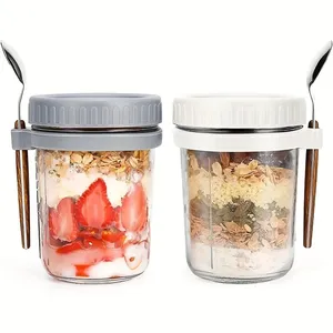 Gobelet en verre pour avoine 350 ml, portable, avec couvercle et cuillère, pour céréales, lait, salade, yaourt - Product Image 1