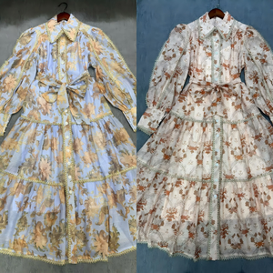Abito Lungo Vintage di Alta Qualità con Stampa Floreale e Maniche a Sbuffo, Elegante Vestito a Vita Alta Linea A <span class=keywords><strong>per</strong></span> Ospiti di Matrimoni e Feste - Product Image 4