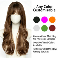 Perruque synthétique longue ondulée châtain brun avec mèches blondes, frange fine, résistante à la chaleur, ligne de cheveux naturelle, sans colle, ajustable