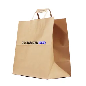 Custom Made Print Take Out Coffee To Go Brown Flat Handle Take Away Fast Food Packaging Kraft Paper Bag Restaurant Carry Bags