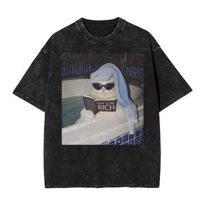 Camiseta Unisex Divertida con Estampado de Gato en la Bañera '<span class=keywords><strong>How</strong></span> to Be Rich', Estilo Vintage Lavado, Negra, Holgada, Informal, de Manga Corta para Hombre - Product Image 1