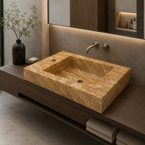 Poulars En gros Lavabo mural de luxe en pierre naturelle et travertin doré, fait main, avec piédestal en pierre - Product Image 4