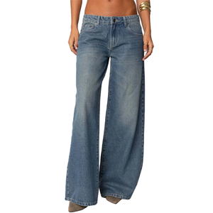 Vaqueros de mujer vintage con logo personalizado, lavado medio, cintura baja, pierna ancha, corte bootcut, holgados, estilo pantalón largo hasta el suelo, venta al por mayor - Product Image 6