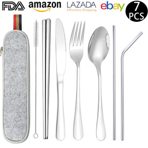 304 Stainless 7pc Titanium-Plated <b>Set</b>, Straw/Knife/Fork/Spoon/Chopsticks, Outdoor Portable - Product Image 1