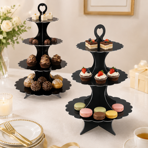 Dekorasi Meja Pesta Pernikahan Ulang Tahun yang Unik, Rak Cupcake 3 Tingkat, Rak Pajangan Kue, Penyangga Pajangan Dessert dari Karton Hitam - Product Image 1