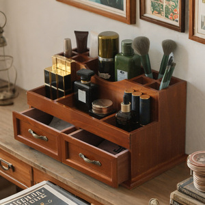 Retro Wooden <b>Makeup</b> Organizer With Drawers 12-Compartment Cosmetic <b>Storage</b> <b>Box</b> For Desk Home Use - Product Image 1