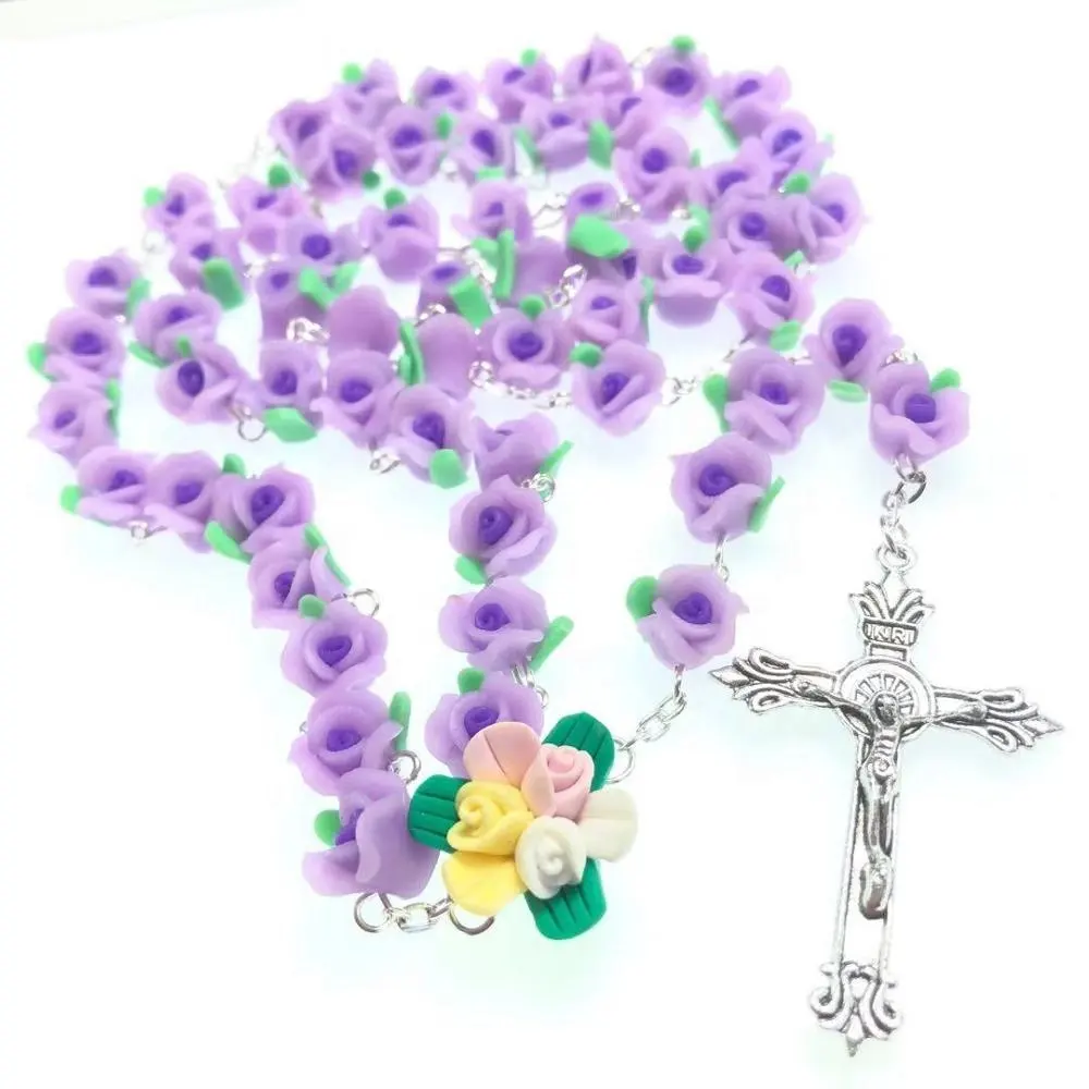 wholesale purple polymer clay catholic Rosary beautiful Soft Ceramic beads flower religious rose rosary necklace with cross