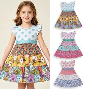 Vestido de Verano para Niña, Estampado Floral con Puntos, Mangas con Volantes, Estilo Boho, Patchwork, Largo hasta la Rodilla - Product Image 1