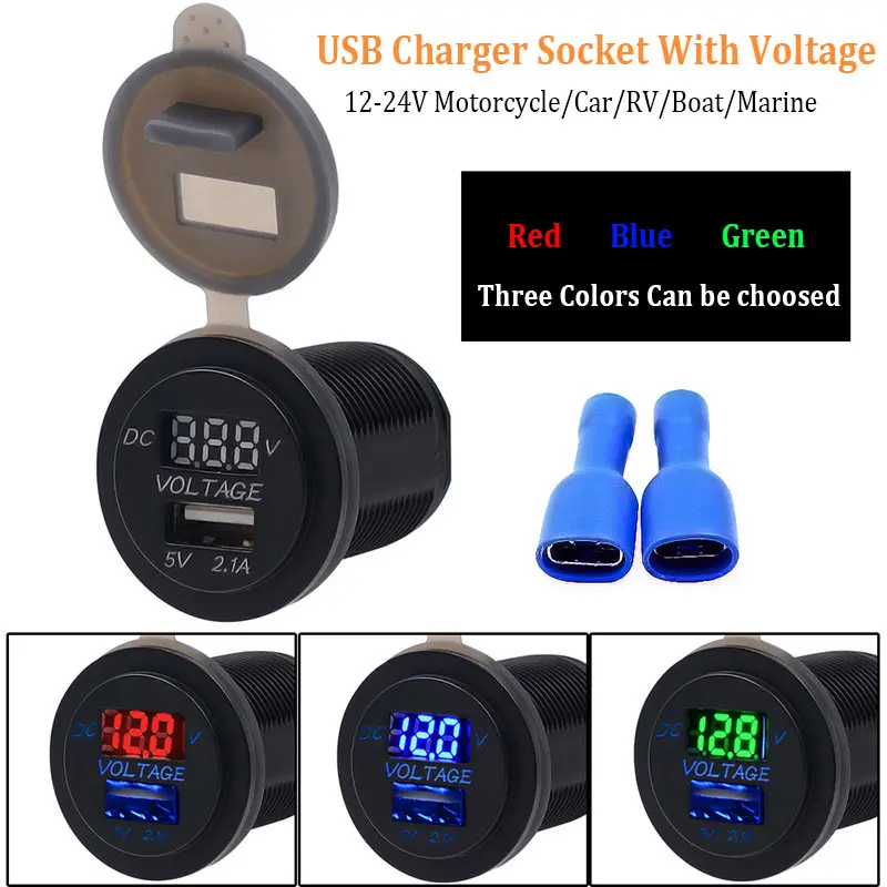 Motorcycle Marine Single Port USB Charger Socket Power Outlet 2.1A With Digital Voltmeter for iPhone Phone Car Boat