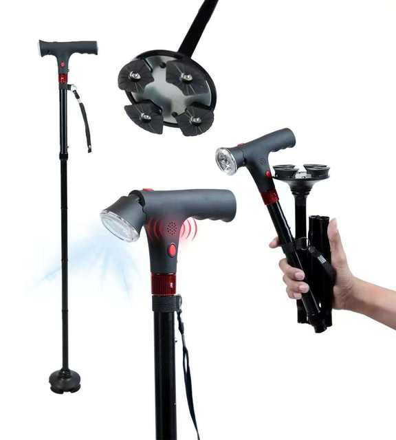 Smart LED Light Walking Stick Adjustable Folding Cane with SOS Alarm for Emergency Use and Rehabilitation Therapy