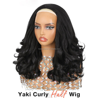 Perruque mi-tête bouclée à ressorts de 16 pouces, texture Yaki épaisse et volumineuse, vente en gros # Perruques sans colle en fibre haute température noire 1B en stock