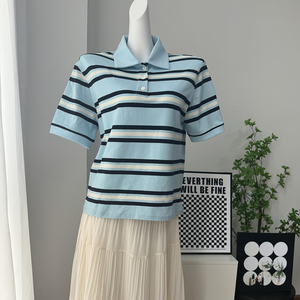 <span class=keywords><strong>Polo</strong></span> rayé rétro américain pour <span class=keywords><strong>femme</strong></span>, haut en tricot à manches courtes de couleur contrastante, style preppy, chemisier décontracté ample - Product Image 4
