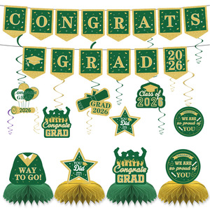 DAMAI Graduation Party Decor Includes Congrats Grad <b>Banner</b> Honeycomb Centerpieces Hanging Swirl Kit for Green Congrats Grad - Product Image 4