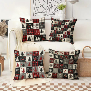 Noel patchwork yastıkları, şenlikli tatil desenleri ve sıcak mevsimlik bir atmosferle rahat oturma odasını süslüyor. - Product Image 2