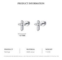 Boucles d'oreilles clous en argent sterling S925 en forme de croix |   Pierres facettées blanches plaquées platine |   Piercing à dos plat pour femmes et hommes
