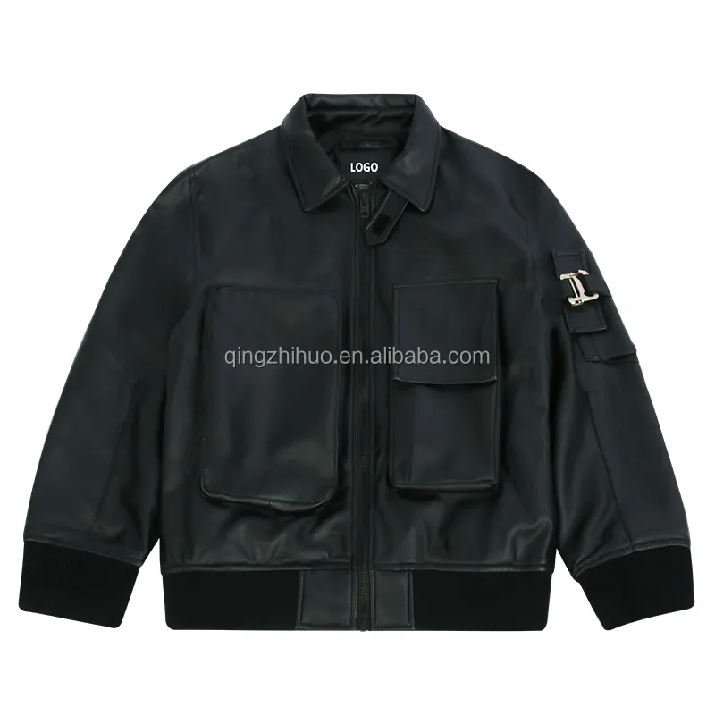 Rahat siyah deri ceket erkekler özel logo tasarımcı boş çoklu cep saf hakiki deri artı boyutu erkek ceketler