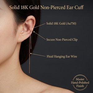 Xinfly Solid 18K Gold Non-Pierced Ear <b>Cuff</b> Hanging Ear Wire Minimalist Long Threader AU750 Fluid Chain Fine Jewelry for Women - Product Image 6