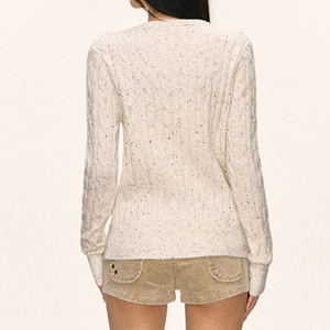 <span class=keywords><strong>Cardigan</strong></span> da Donna in Maglia a Trecce Crema con Motivo Maculato - Top Casual Retrò per Uso Quotidiano - Product Image 4