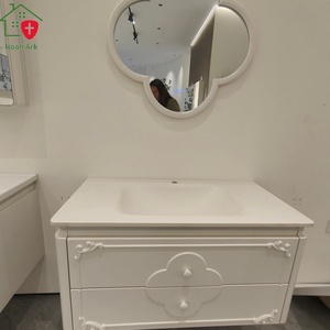 New Chinese-style white bathroom cabinet with carved panel patterns scalloped <b>mirror</b> and white washbasin - Product Image 1