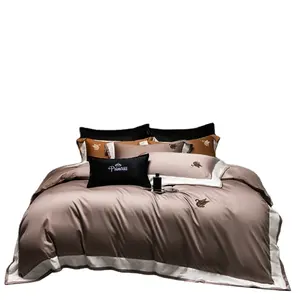 Home bedsheets Luxury 100 cotton cashmere and printed unique brown red comforter 7 pieces bedding set