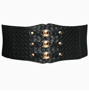 Black Elastic Wide Belt with Vintage Style Round Head Buckles Gold-Toned <strong>Studs</strong> Woven Texture for Dresses <strong>Blouses</strong> Pants-HQ Brand - Product Image 2