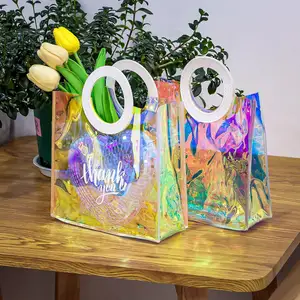 Custom Logo Print Cheap Price Fashion Waterproof Holographic Handbag Hologram Luxury Lridescent Pvc Tote Gift Bag With Handle