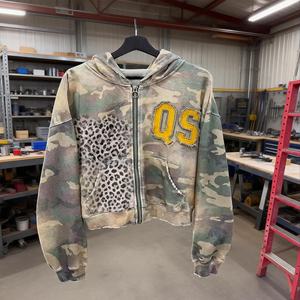 Sweat à capuche en coton épais motif léopard, broderie logo personnalisée, sweat à capuche camouflage zippé, sweat à capuche oversize court délavé à l'acide - Product Image 3