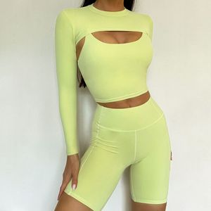 INS Yoga-ropa de Fitness para mujer, <span class=keywords><strong>tirantes</strong></span>, ropa interior deportiva con parte trasera bonita, camiseta de manga larga, pantalones cortos, conjunto de 3 piezas - Product Image 6