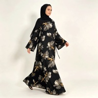 Abaya noire à motifs floraux pour femmes, manches cloche, tenue modeste, vêtements musulmans islamiques, longueur au sol, tenue couvrante complète