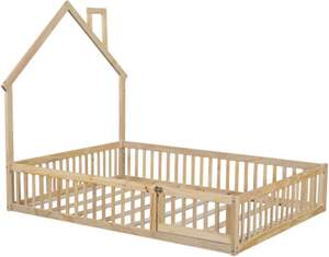 Letto in legno massello di grandi dimensioni con sponda di protezione, adatto come lettino per bambini in piccola sala giochi. Letto a piattaforma in legno per cameretta dei bambini. - Product Image 5