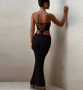 Soirée serrée Sexy gros seins robe dos nu bustier tubulaire longue hanche-couvrant tricoté jupe costume robe Sexy pour femme mature - Product Image 4