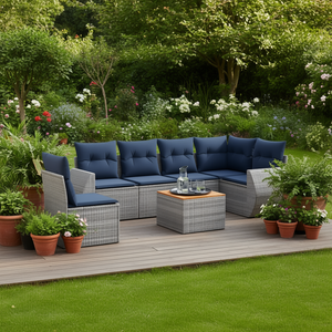 Ensemble de canapés de jardin en polyrotin gris, 7 pièces, avec coussins, meubles d'extérieur, design contemporain - Product Image 2