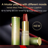 Rouge à lèvres vegan 3-en-1 velours mat tricolore, longue tenue, waterproof, anti-transfert, haute pigmentation, résistant à la décoloration