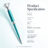 Stylo à bille en métal avec pointe en cristal de diamant, corps pailleté, action rotative, 25g