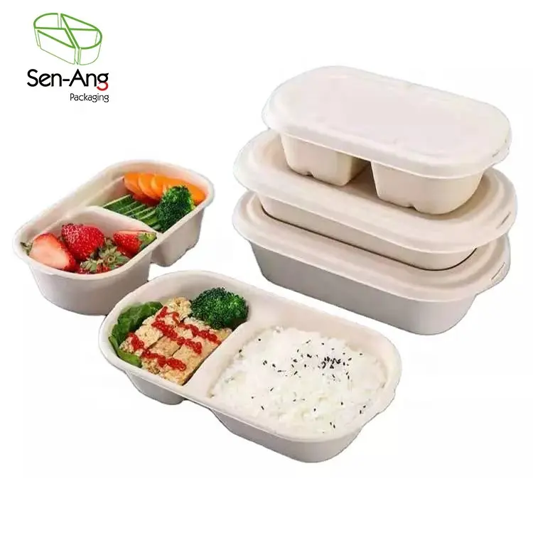 SenAng01 Eco Friendly Compostable Take Away Food Container Disposable bagasse Pulp Lunch Box with Lid