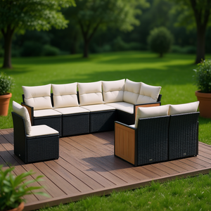 Ensemble de canapés de jardin modulaires en rotin PE noir 6 places, mobilier d'extérieur au design contemporain avec structure en teck - Product Image 2